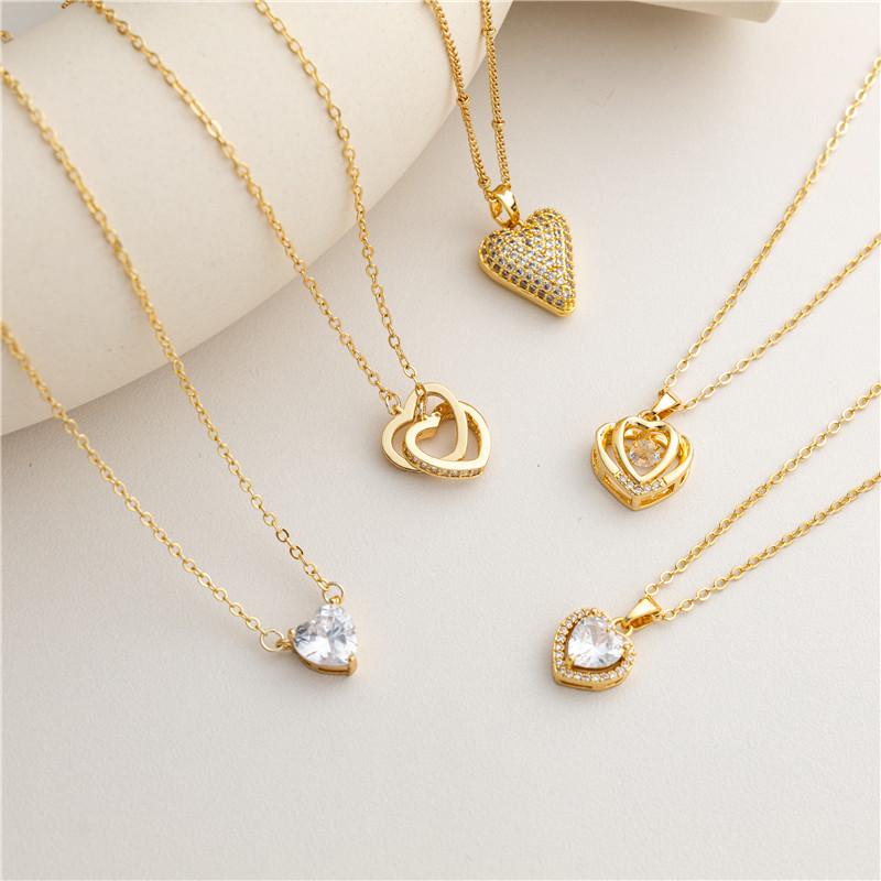 18k Gold Double Heart Copper Necklace with Zirconia and Diamonds