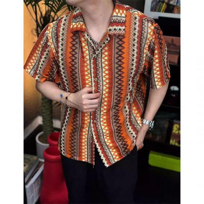 Mens Summer Ethnic 3d Print Short Sleeve Casual Shirt M оранжевый