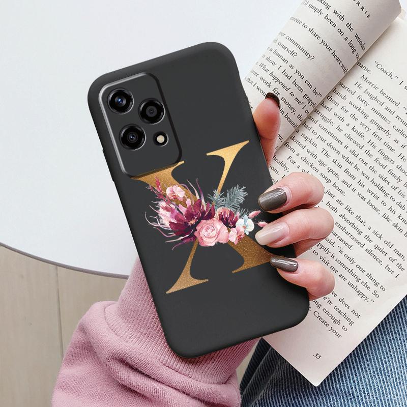 Gold Letter Case For Honor 200 Pro Lite Smart Black Shell Soft Cover For Honor 200Lite Protector Shockproof Funda Pink Flower
