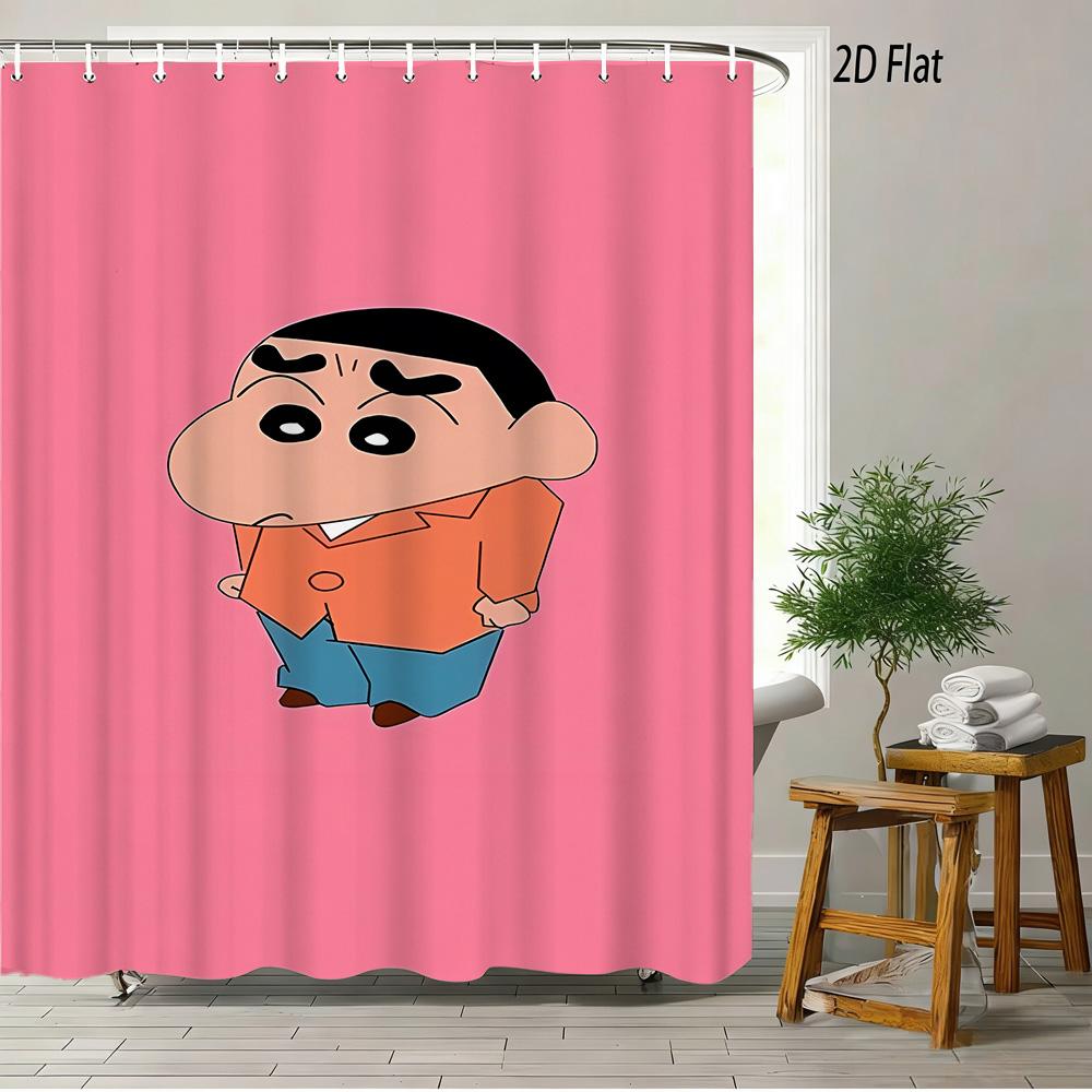 Crayon Shin-Chan Running & Cheering On Mountain Top 2D Print Waterproof Shower Curtain, Minimalist Blue Sky Bathroom Decor With