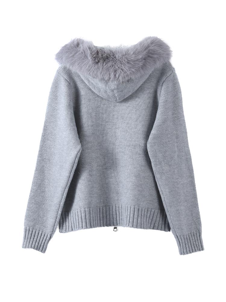 Women's Hooded Zipper Khaki Sweater Cardigan Fur Hat White Knitted Cardigan Furry Hat Knitted Jacket Women's Warm Black Sweater Lining Autumn Winter