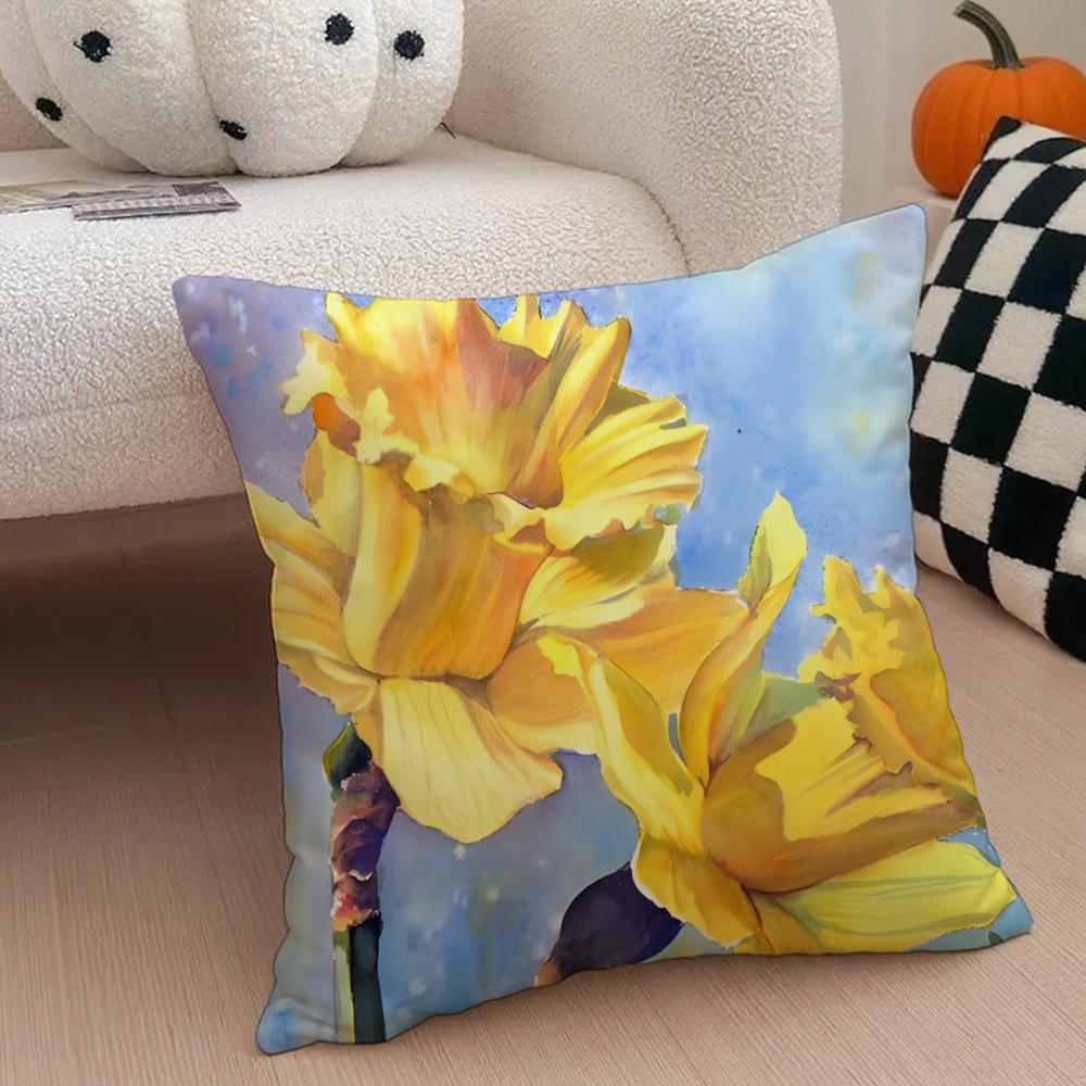 Warm bright yellow Daffodil Narcissus flowers Cushion Cover Throw Pillow Cover Hidden Button Durable Polyester Chair Cushion