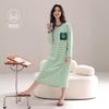 Womens Cotton Long Sleeve Nightgown With Built-in Bra Striped Sleepwear Home Dress