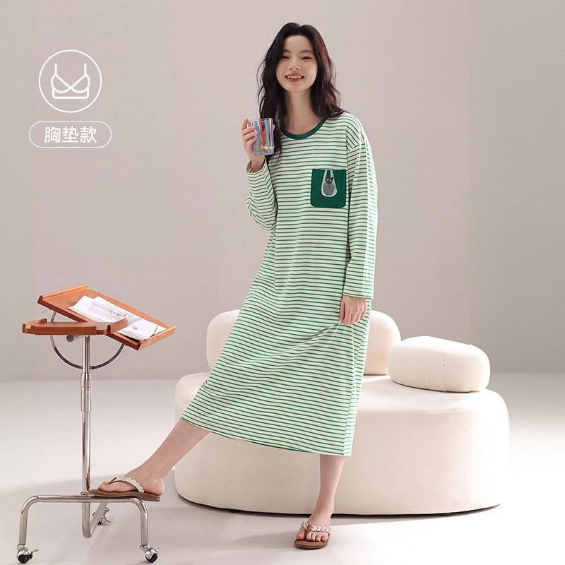 Womens Cotton Long Sleeve Nightgown With Built-in Bra Striped Sleepwear Home Dress