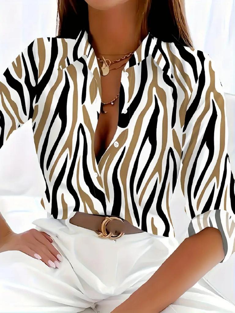 Stylish Chain Print Long Sleeve Shirt, Women's Blouse
