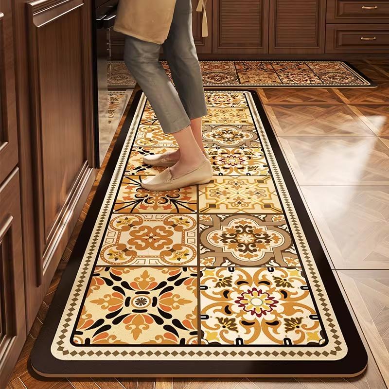 Carpet for Kithen Floor Mat PVC Leather Waterproof Non-Slip Oil-proof Carpet Retro Floral Rug Long Strip Rugs Alfombra De Cocina