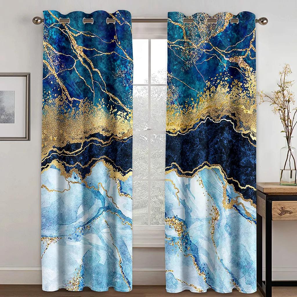 3D Moderne Klassisk Marmor Grønt Gull Elegant Grå 2 Panel Tynn skyggelegging Polyester Vindusgardin for soverom Stueinnredning