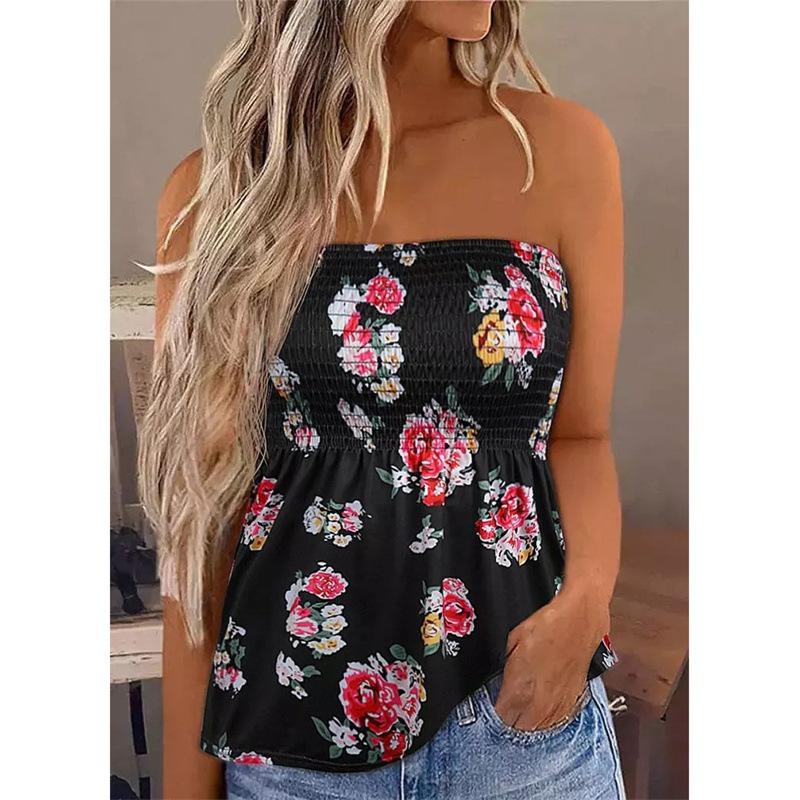 Women Floral Print Strapless Tube Top Ruched Fitted Blouse S чёрный