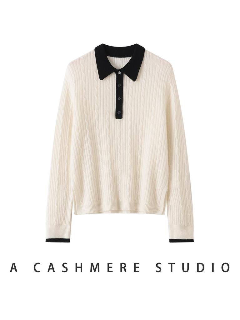 Women's Retro Cashmere Cable Knit Polo Sweater - New Year 2026 Autumn/Winter Collection