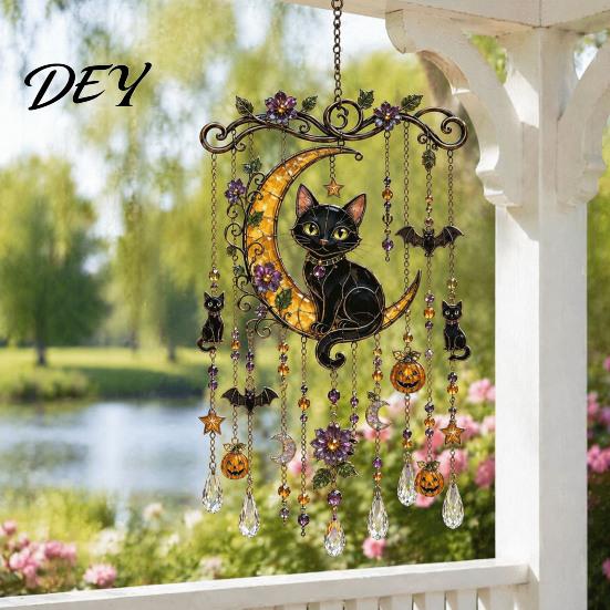 Metal Sound Pipes for Patio Halloween Acrylic Wind Chime Pendant, Crystal Suncatcher Hanging Ornaments, Decorative Handcrafted Spooky Home Accents