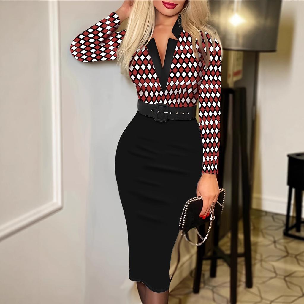 women's Plaid Print V Neck Long Sleeve Bodycon Midi Dress Slim Fitted Pencil Dress With Matching Belt