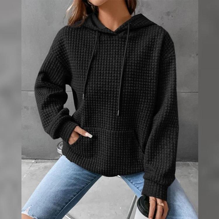 Solid Color Women Long Sleeve Pullover Hoodie with Pocket Plaid Round Neck