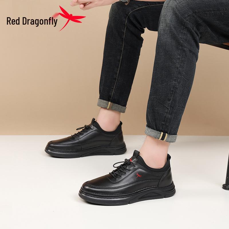 Red Dragonfly Men's 2025 Autumn Waterproof Leather Sneakers - Soft Sole Black Casual Shoes