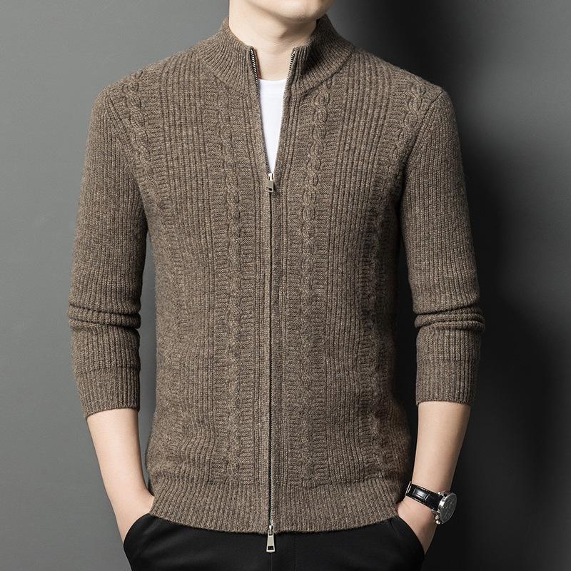 Men's Jacquard Wool Cardigan - 2025 Autumn/Winter Fashion, Zip-Up Stand Collar, Casual Sweater for Middle-Aged and Young Adults.