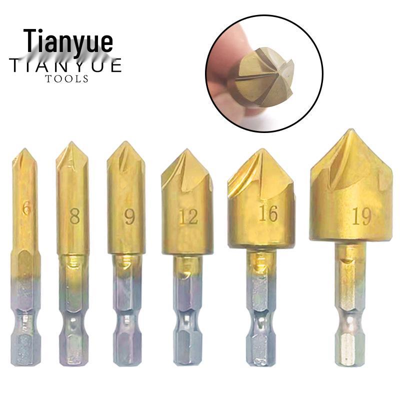 6-Piece Titanium-Plated 5-Flute Countersink Set with Hex Shank (6-19mm)