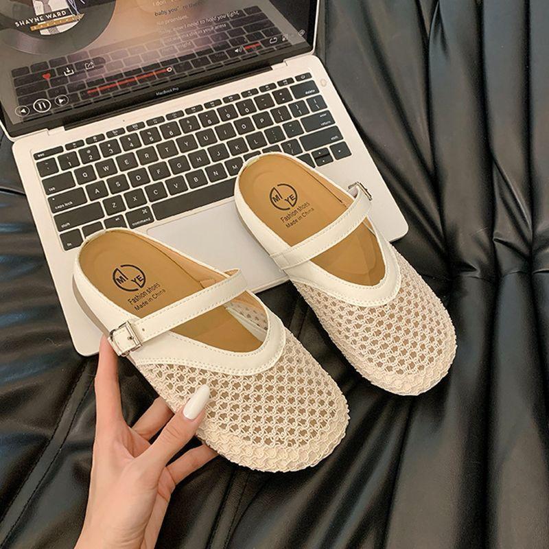 Hollow Woven Bag Head Half Slippers Women's Summer Wear 2025 New Flat-bottomed Breathable One-pedal Hole Shoes Sandals