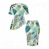 Women Plus Size Round Neck Short Sleeve Tropical Print Asymmetric Top Fitted Skirt Two Piece Set