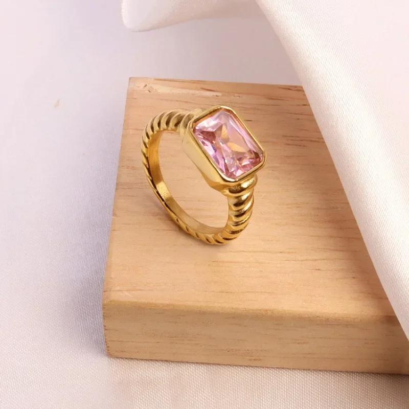 18K Gold Plated Square Multi-color Crystal Chunky Rings Stainless Steel Hypoallergenic Texture CZ Zircon Knuckle Ring Anillos