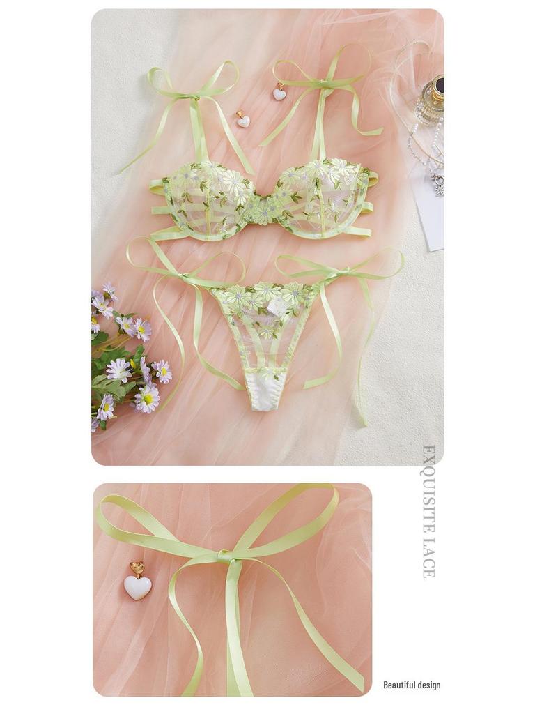 Light Green Floral Embroidered Lace Lingerie Set