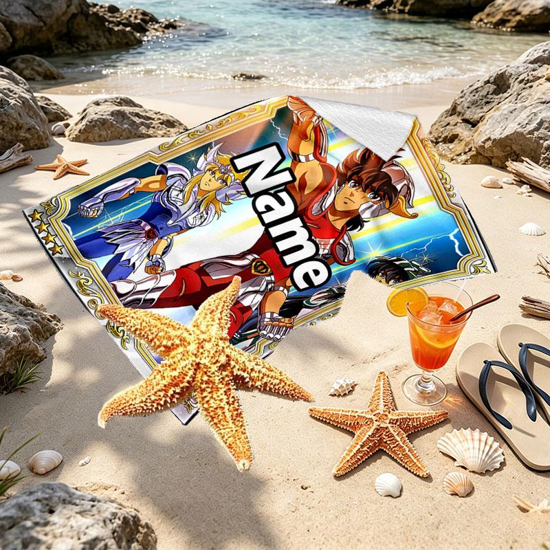 Custom Name Personalized Saint Seiya Print Beach Towel, for Trip Camping Beach Party Home Decor, Birthday Gift for Family & Friends