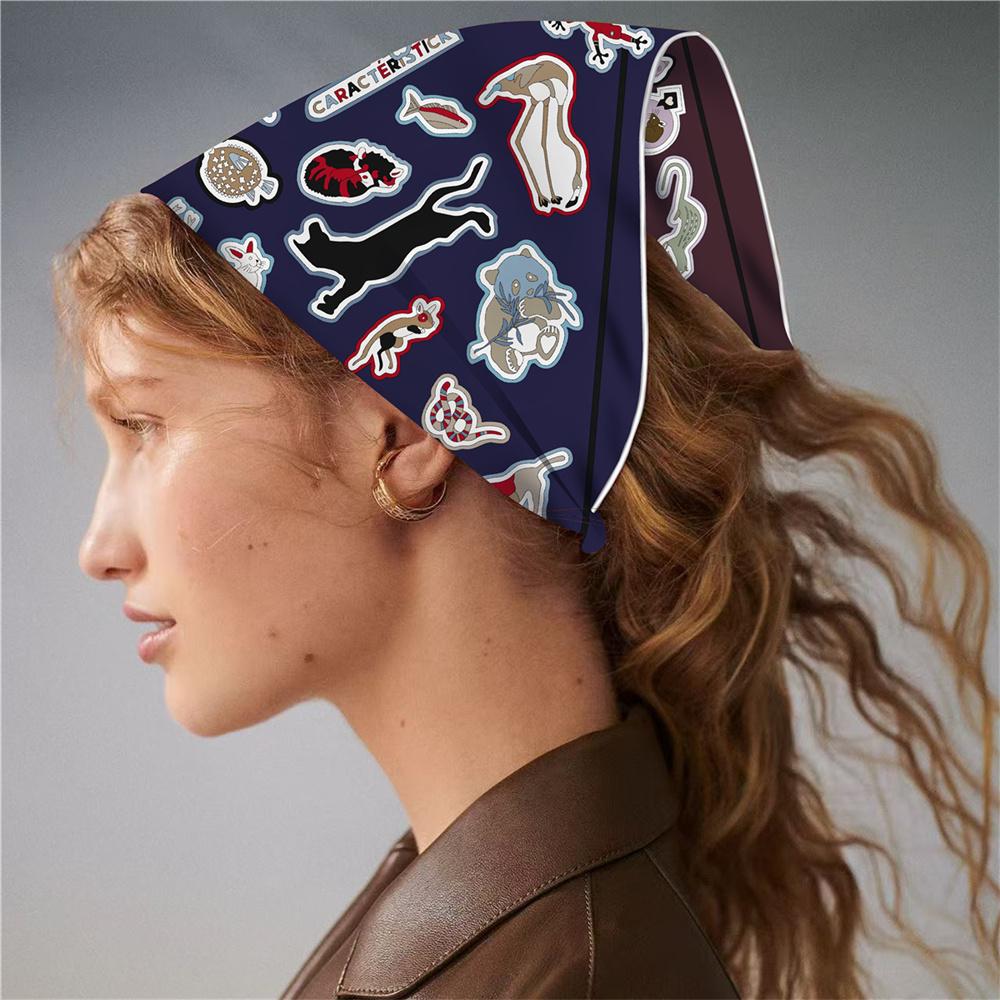 POBING Hand Rolled Twill Silk Scarf Women Animals Double Side Print Square Scarves Wraps Echarpes Foulards Femme Hijab 53CM