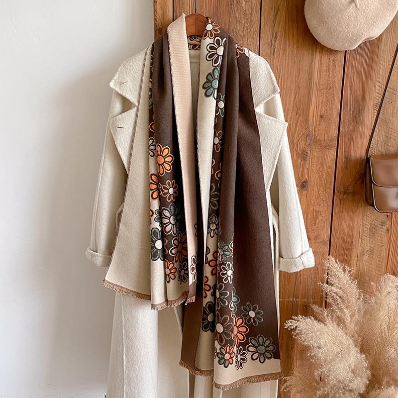 Luxury Winter Cashmere Scarf Women Design Warm Pashmina Blanket Poncho Scarves Female Flower Shawl Thick Foulard Bufanda
