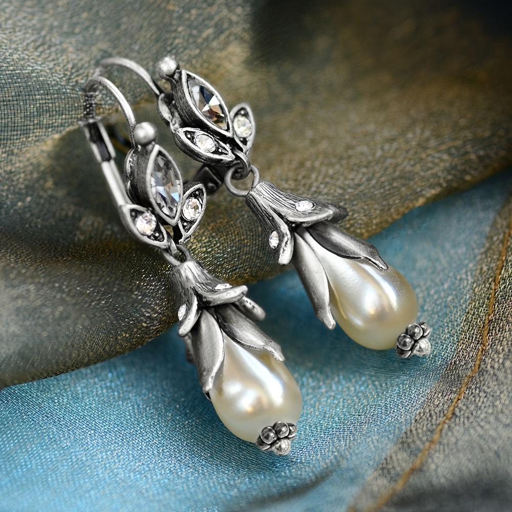 Retro Flower Women's Earrings | Pearl Pendant Synthetic Zirconia Leaf Metal Ancient Bronze for Daily Party Gifts