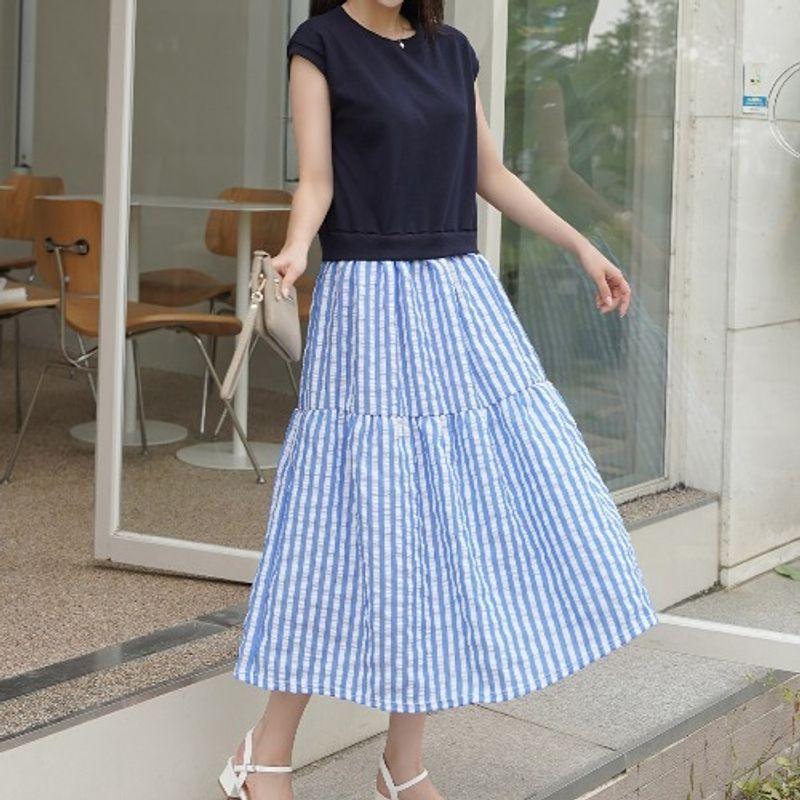 

Plus Size Women s Summer K-style Knitting round Neck Sleeveless T-shirt Patchwork Striped Fake Two Pieces Mid-Length Dress L-4XL Dark Blue 4XL