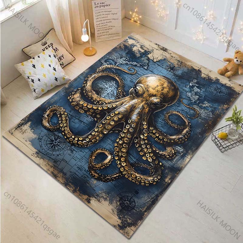 Multiple Sizes Vintage Octopus Map Background Carpet for Living Room Bedroom Sofa Home Decor Rus Non-slip Floor Mat Luxury Gift