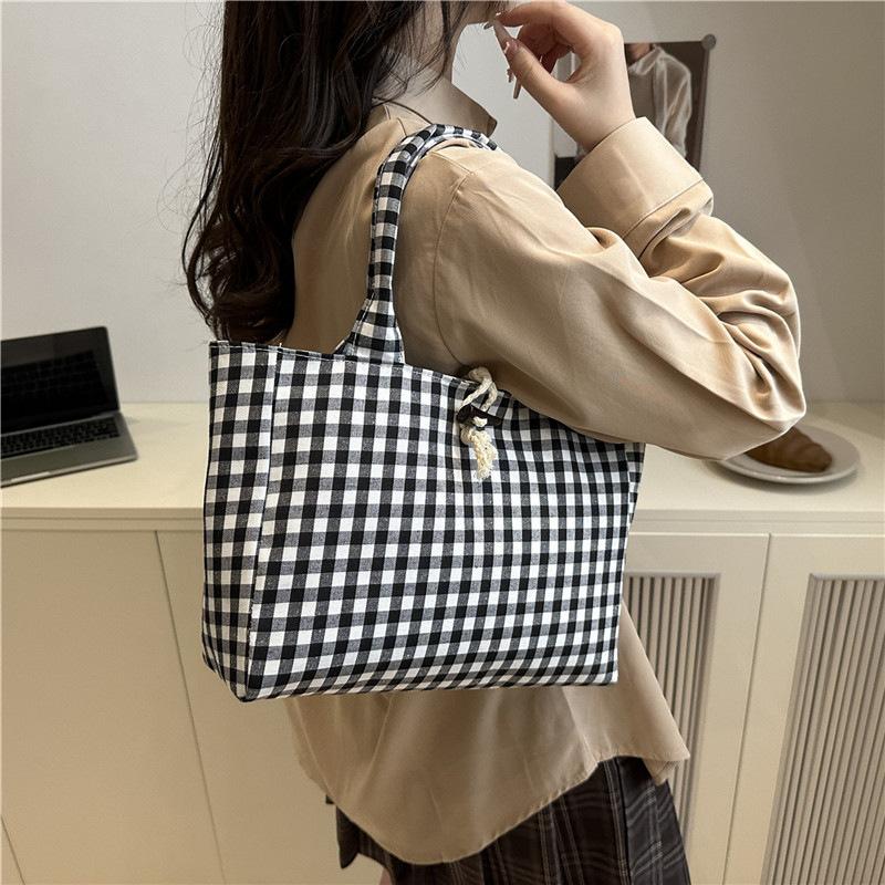 Large Capacity Plaid Canvas Tote Bag Women's Korean Version Versatile Casual Portable Shoulder Bag Light Fashion Armpit Bag