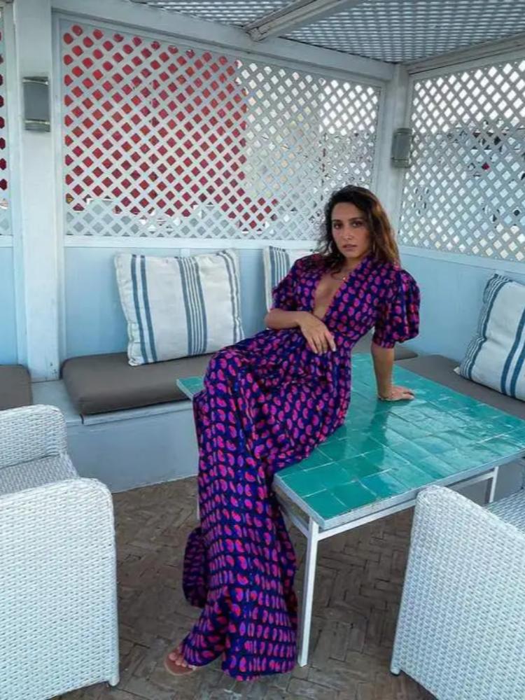 Summer Purple Printed Deep V-neck Women Dress Pleated Puff Sleeve A-line Party Evening Lady Robe