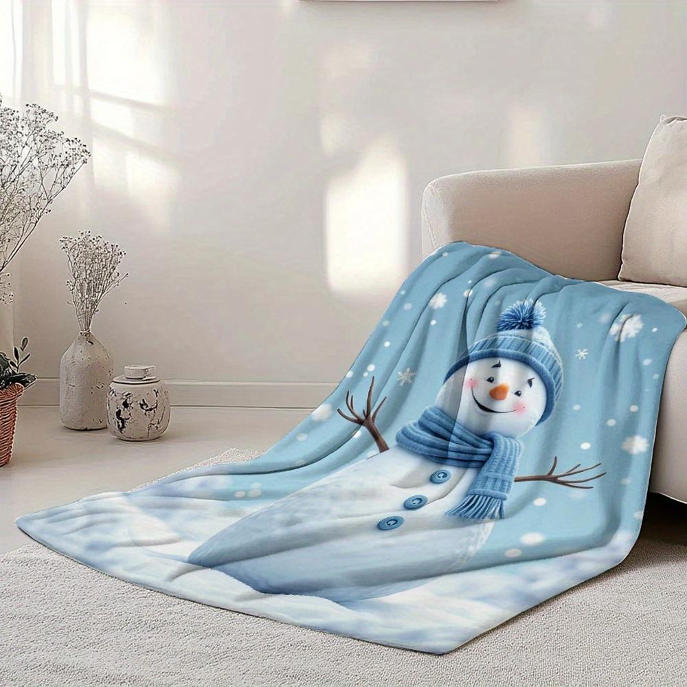 1pc Plush Flannel Throw Blanket - Retro Christmas Snowman Print with Blue Hat & Scarf, Soft All-Season Cozy Blanket for Sofa