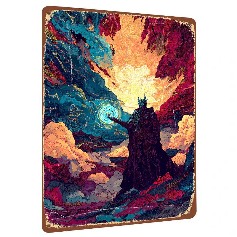 

Norse Mythology Style Fantasy Warrior Glowing Energy Ball Starry Sky Mountain Living Room Bedroom Decor Metal Iron Painting 20x30cm（7.8x11.8inch）