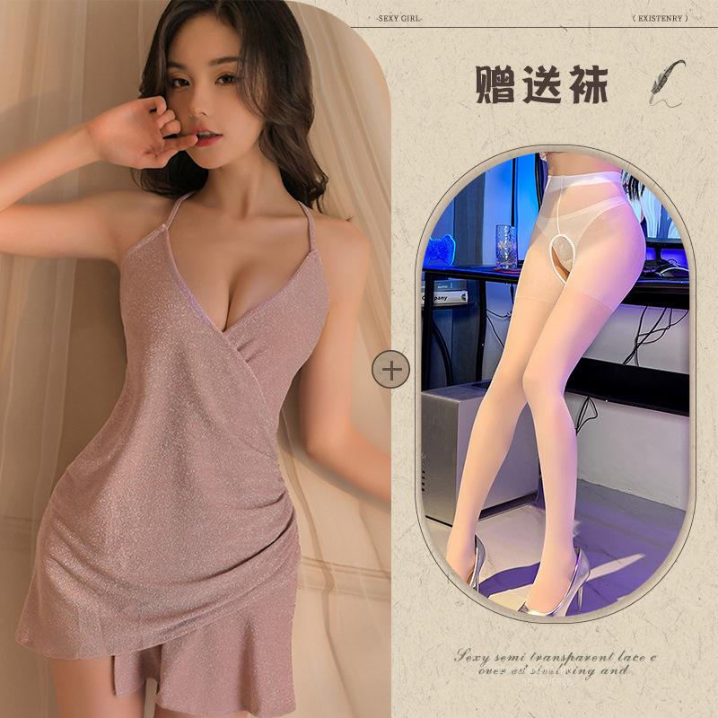 Erotic lingerie sexy shiny suspender slim pajamas hot deep V uniform pajamas