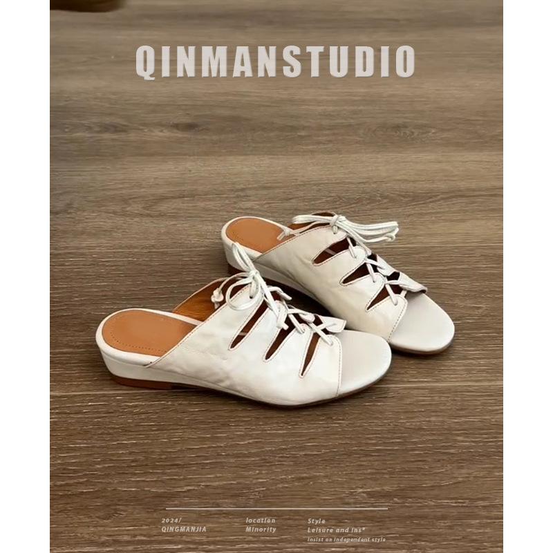

Cowhide version~ French hollow strap cool slippers women s summer wear new versatile skirt wedge heel open-toed sandals 35