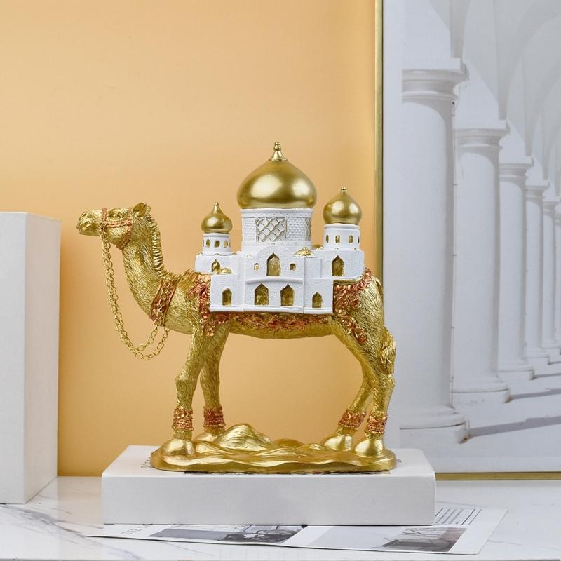 Camels Figurine with Mosque Tower Resin Camels Statue Ornament for Ramadans Eid Mubarak Home Decors Collectibles Gift