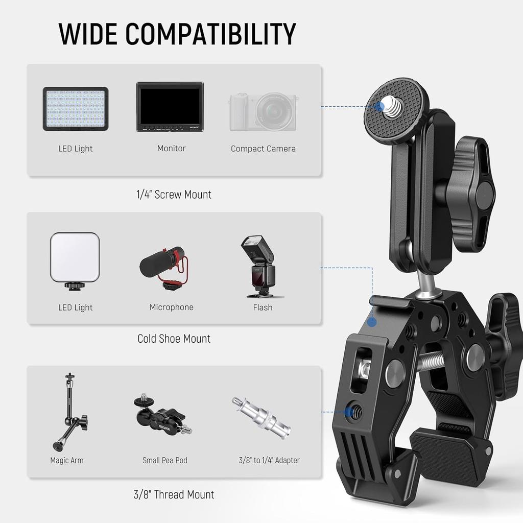 NEEWER Super Clamp with Ballhead Magic Arm, Cold Shoe, Phone/Action Camera Mount Adapter Compatible with SmallRig GoPro DJI