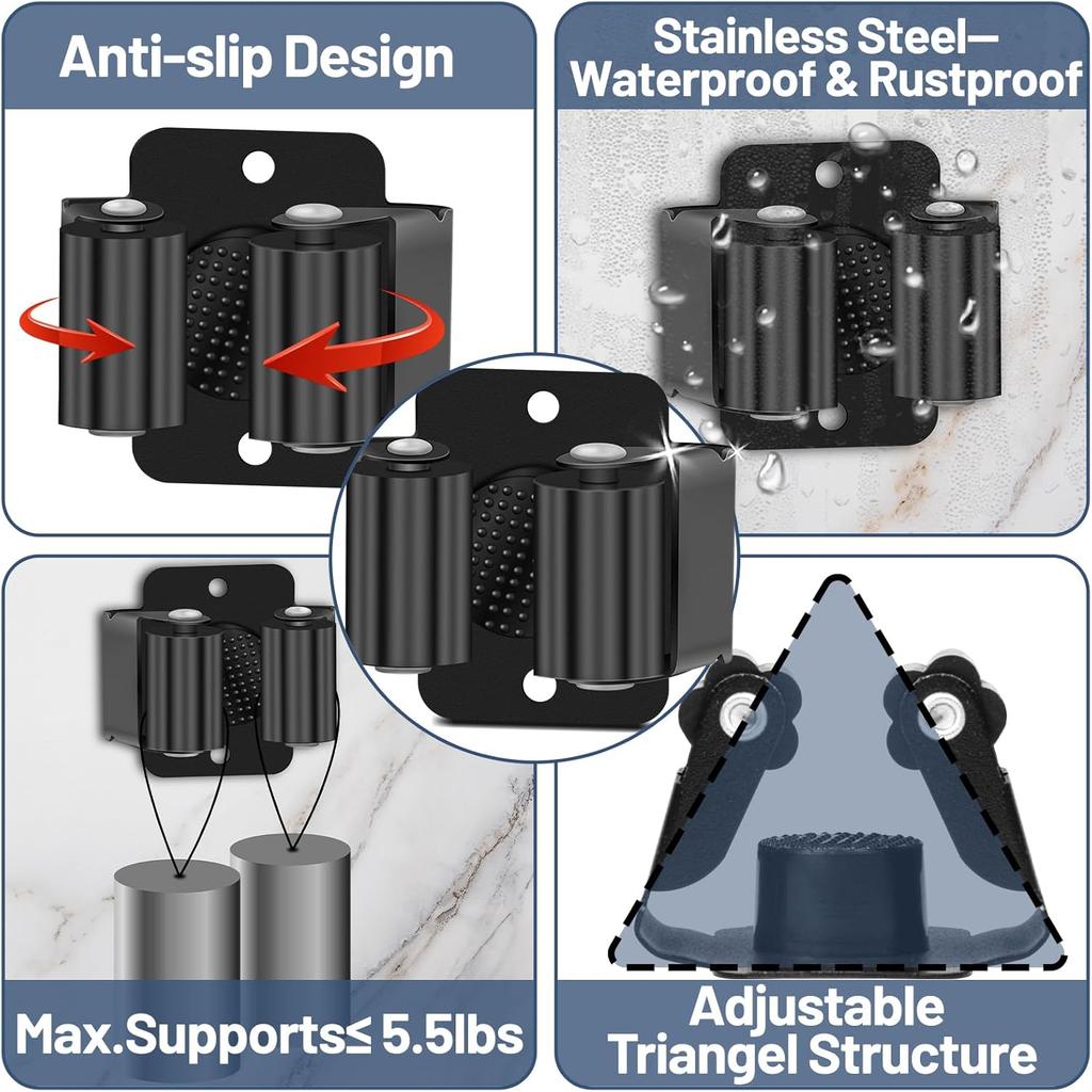 12/1pc Wall Mounted Mop Holder Clips Stainless Steel Mop Broom Hanger Rack Waterproof Kitchen Bathroom Storage Shelf Hooks