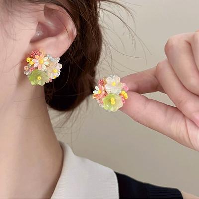 New Exquisite Colorful Flower Round Stud Earrings for Women Romantic Beads Flower Earrings Sweet Fashion Ear Jewelry Accessories