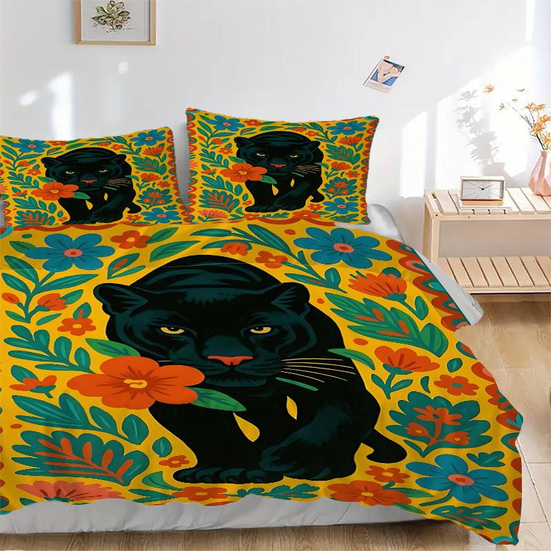 

3pcs Panther Floral Pattern Duvet Cover Set, Cover For Bedroom Guest Room (1 Duvet Cover + 2 Pillowcase, Without Quilt), yy250922196 135x200cm