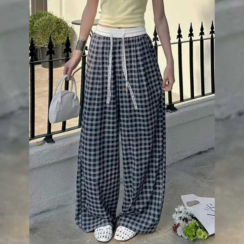 Women s Relaxed Plaid Wide-Leg Casual Pants L