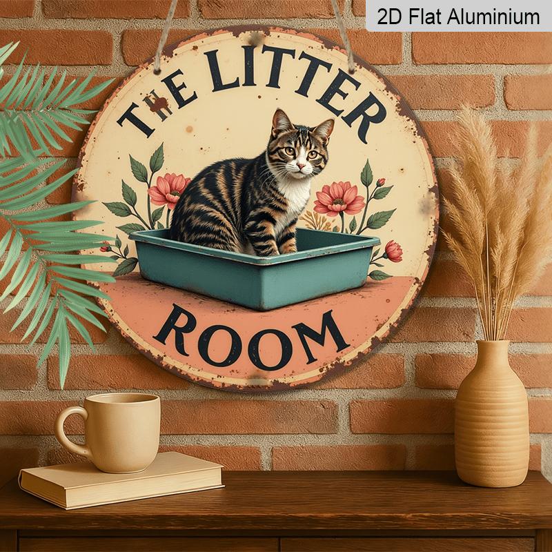 2D Flat, 1pc Vintage Round Aluminum Sign, Cat Toilet, Easy Hanging Decoration for Bedroom, Kitchen, Dining Room - Perfect for Home or Office Gifts