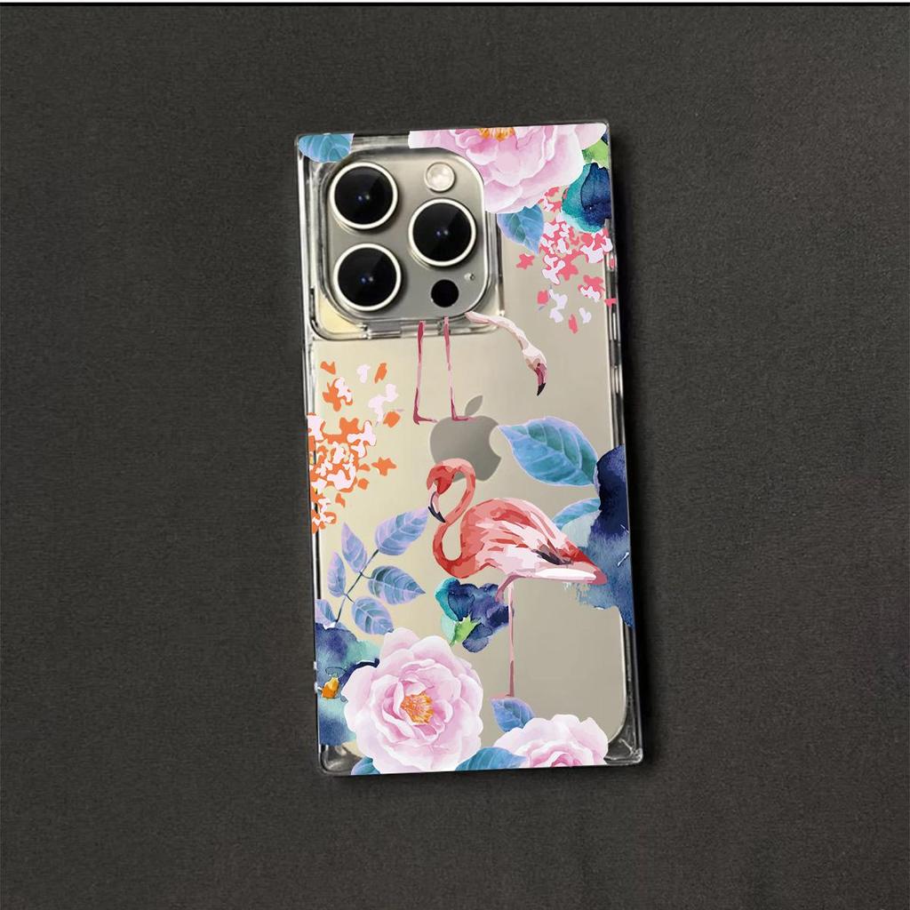 Clear Square Back Tube Case Protection For iPhone 12 16 ProMax 15 Plus 13 14 Pro Max 11 Anti-Oxygen,Flamingo Pattern Casing