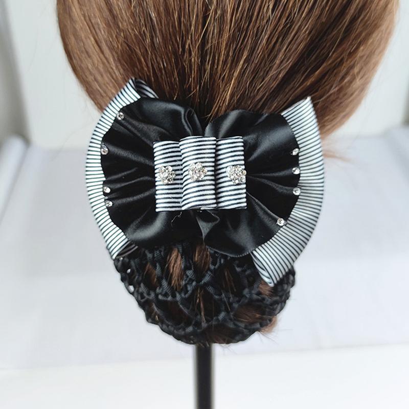 Nurse Stewardess Hair Accessories Bowknot Stripe Net Bun Hair Cover Women Barrette Net Bun Crochet Net Bun Snood