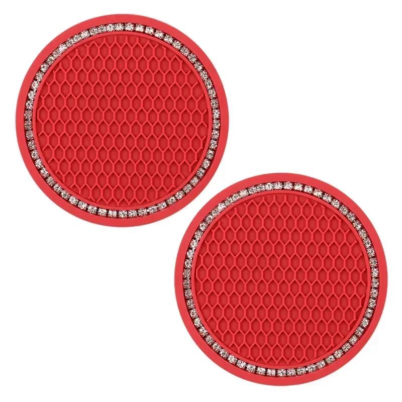 Car Non-slip Water Cup Pad Diamond Rhinestone Decor Rubber Round Mat Cup Holders Anti-skid Silicone Pads Auto Accessories