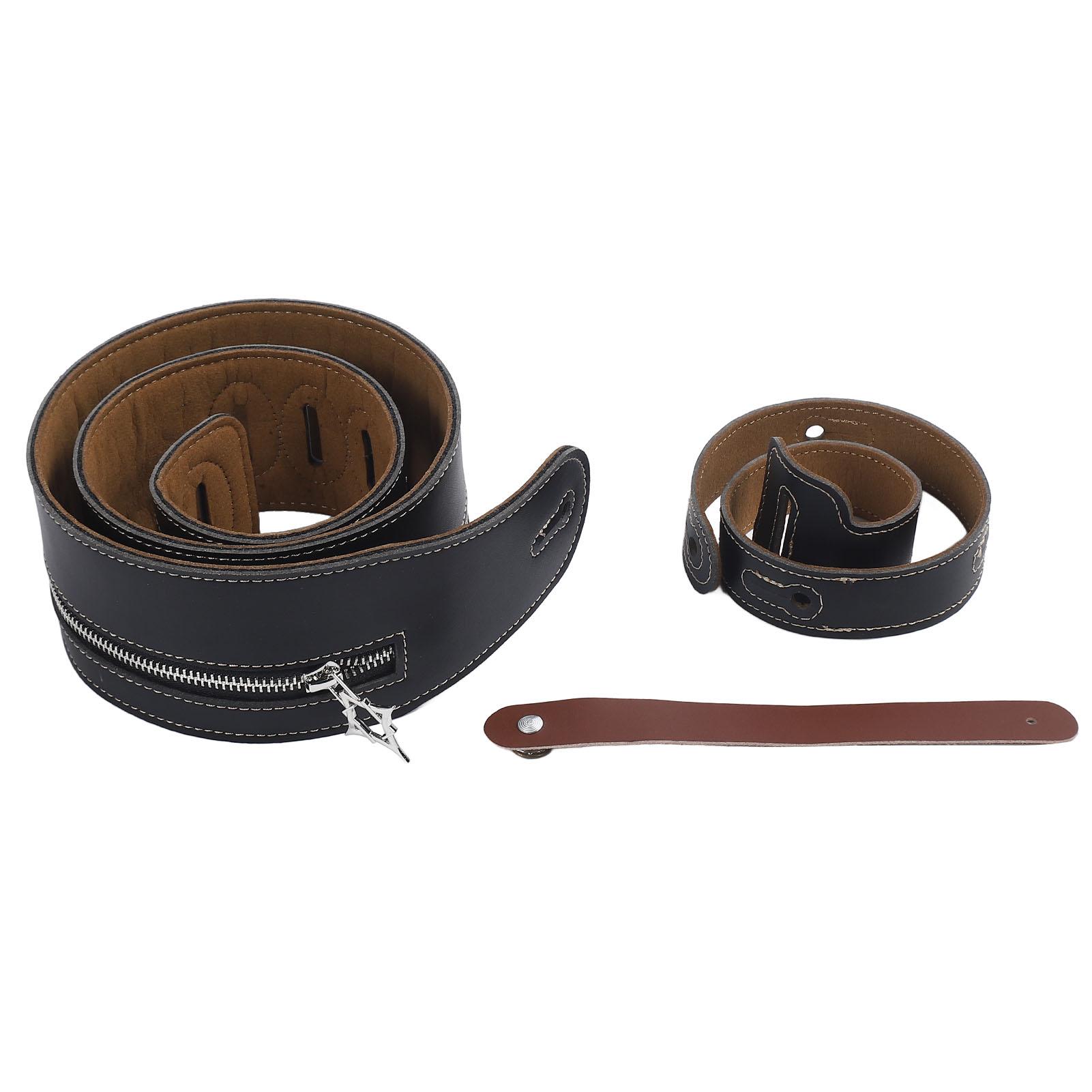 

Гитарный ремень в стиле панк на молнии, универсальный мягкий 2,8 дюйма, широкий для акустических электрогитар, бас-гитар Leather Surface Black