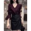 Light Mature Style V-Neck Ruffled Purple Top for Women, 2026 Autumn New Design with Bell Sleeves and Fashionable Texture