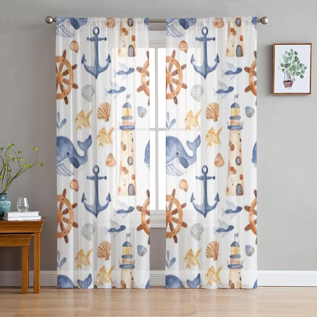 Blått ankare stänkfärg skir gardin för sovrum tyll voile gardin för kök vardagsrum dekor fönsterbehandling