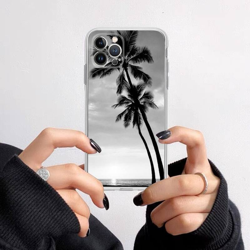 Black white palm leaves palm trees Phone Case For iPhone 14 13 12 11 Pro Max XS X XR SE 2020 6 7 8 Plus Mini Transparent Shell
