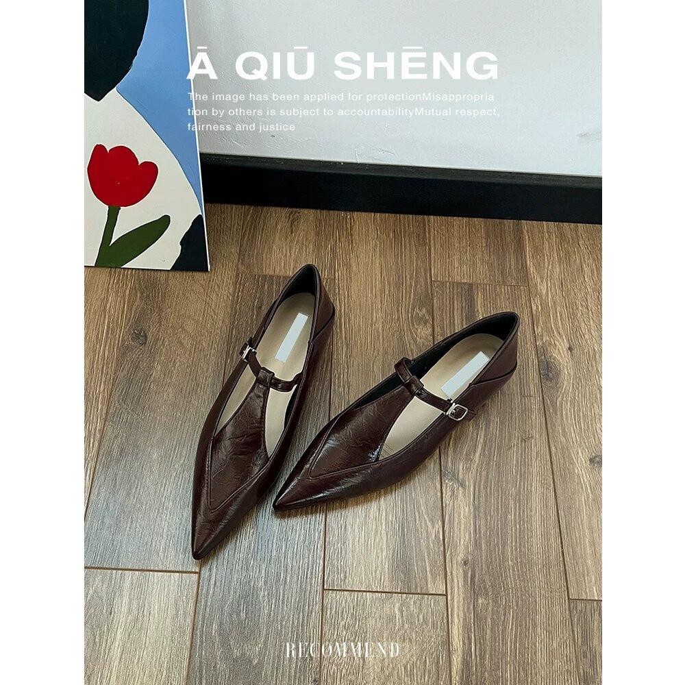 

Французский темперамент острый носок туфли женские 2025 новая обувь осень женские низкий каблук с юбками лоферы Мэри Джейн 40 коричневый